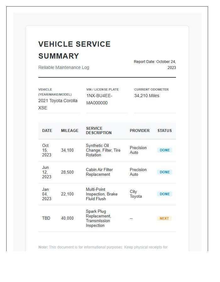 Reliable Vehicle Service Summary Printable Chart