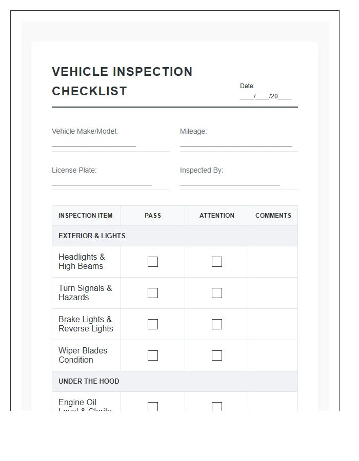 Routine Car Inspection Checklist Printable Chart