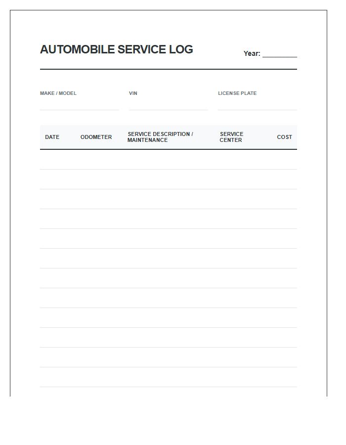 Standard Automobile Service Log Printable Chart