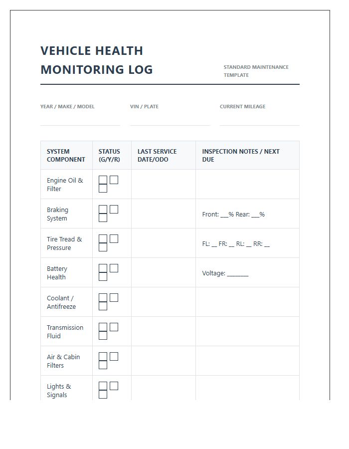 Standard Vehicle Health Monitoring Printable Chart