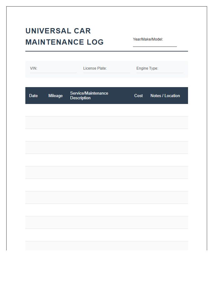 Universal Car Maintenance Logbook Printable Chart