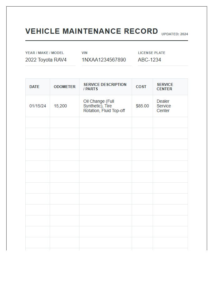 Vehicle Preventative Maintenance Record Printable Chart