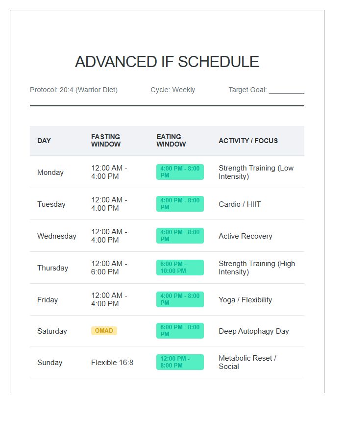Advanced Intermittent Fasting Eating Schedule Printable Chart