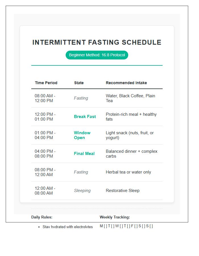 Beginner Intermittent Fasting Eating Schedule Printable Chart