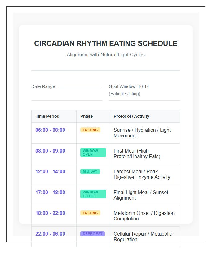 Circadian Rhythm Intermittent Fasting Eating Schedule Printable Chart