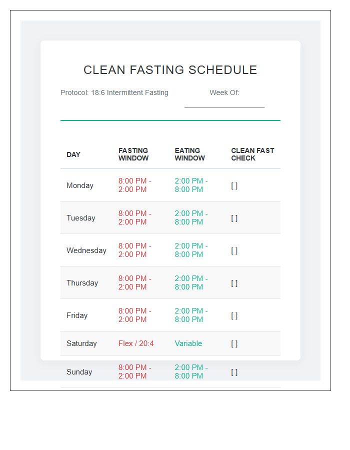 Clean Fasting Intermittent Fasting Eating Schedule Printable Chart