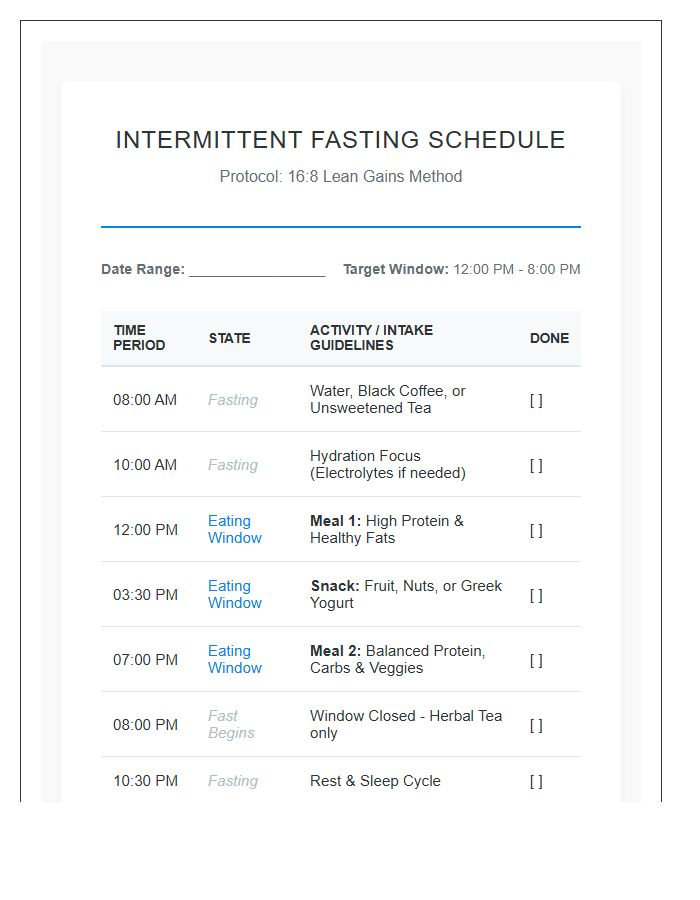 Detailed Intermittent Fasting Eating Schedule Printable Chart