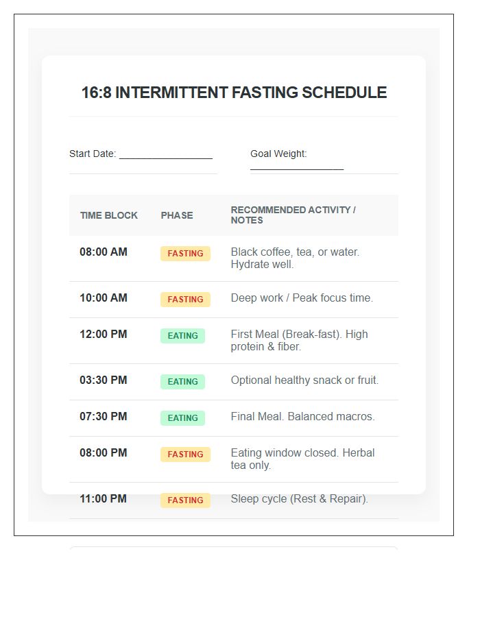 Intermittent Fasting 16 8 Eating Schedule Printable Chart