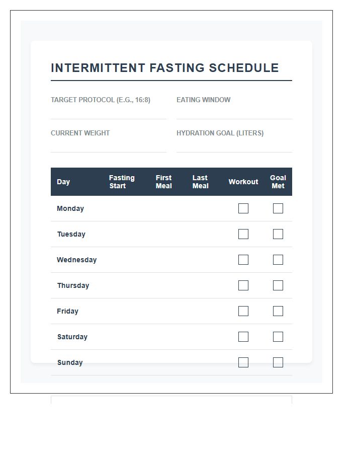 Intermittent Fasting Eating Schedule Printable Chart For Men