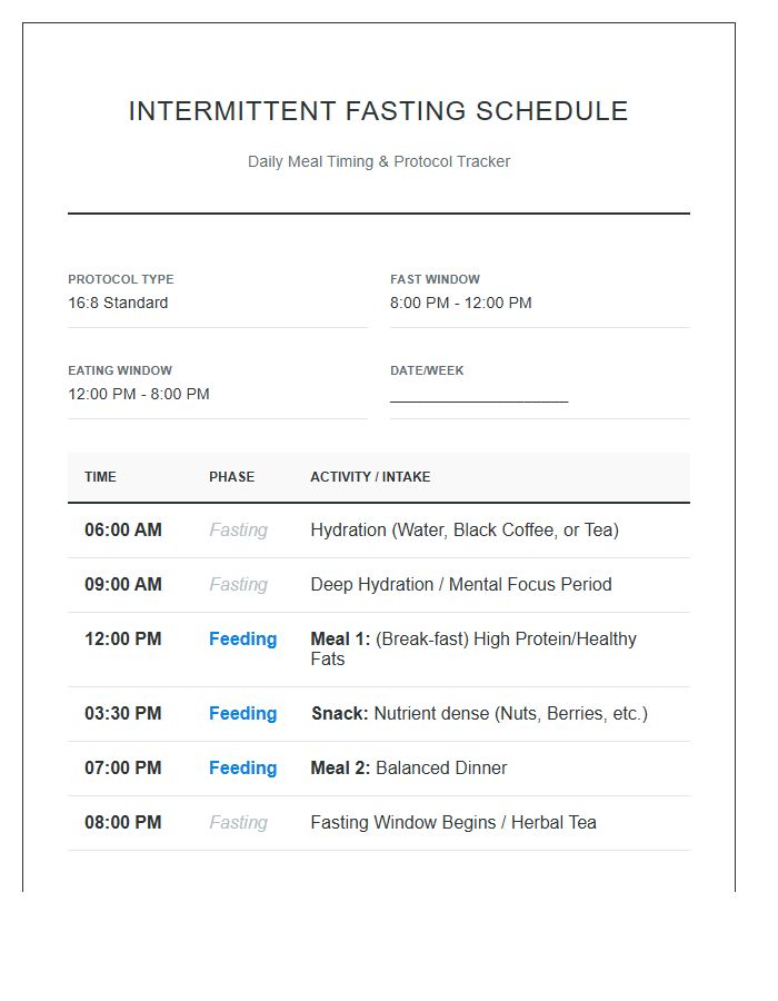 Meal Timing Intermittent Fasting Eating Schedule Printable Chart