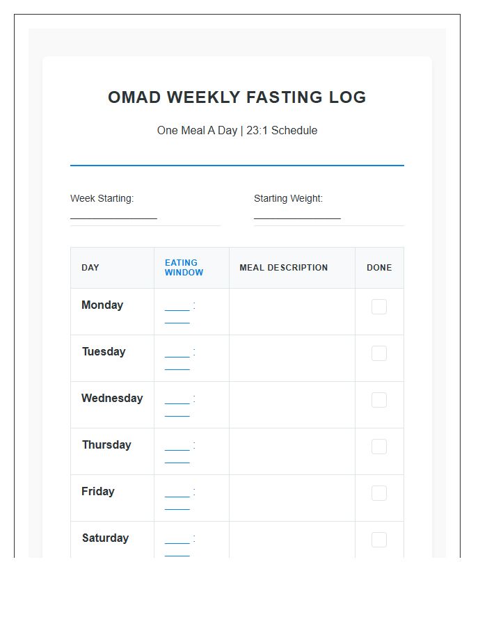 One Meal A Day Intermittent Fasting Eating Schedule Printable Chart
