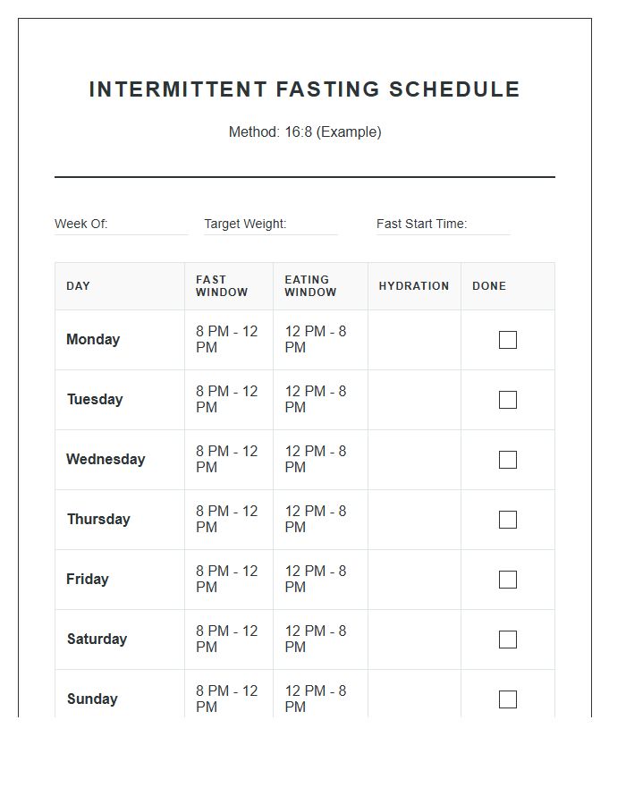 Simple Intermittent Fasting Eating Schedule Printable Chart