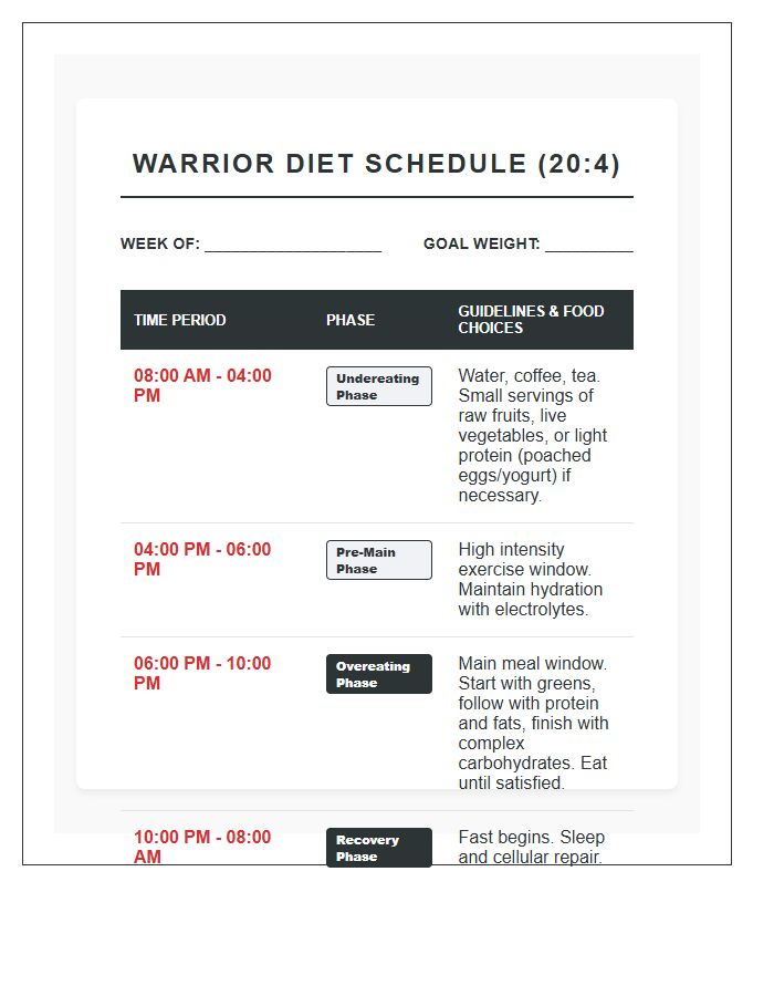 Warrior Diet Intermittent Fasting Eating Schedule Printable Chart