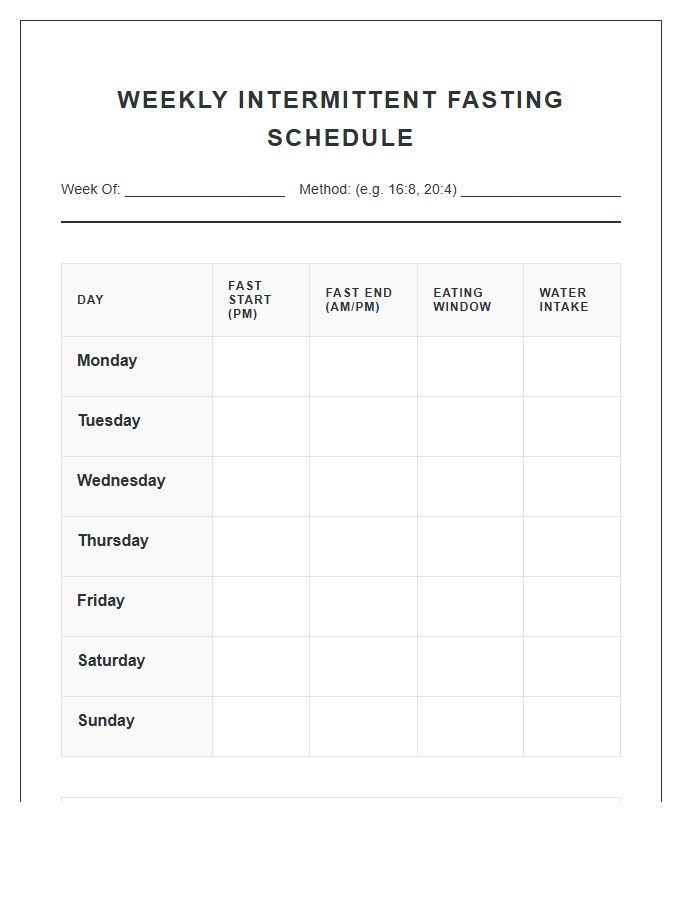 Weekly Intermittent Fasting Eating Schedule Printable Chart