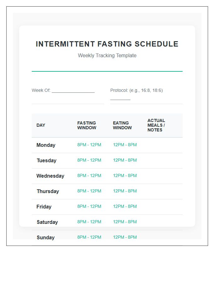Weight Loss Intermittent Fasting Eating Schedule Printable Chart
