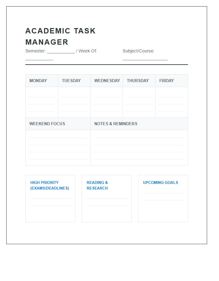 Academic Task Management Printable Chart Calendar