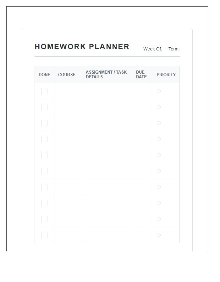College Student Homework Planner Printable Chart