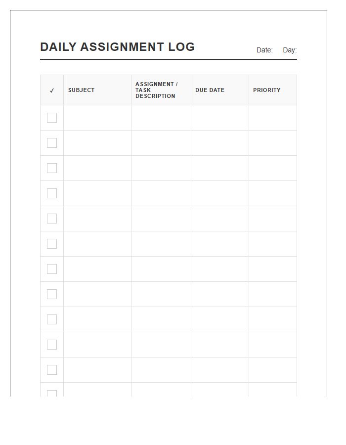 Daily Assignment Log Printable Chart Organizer
