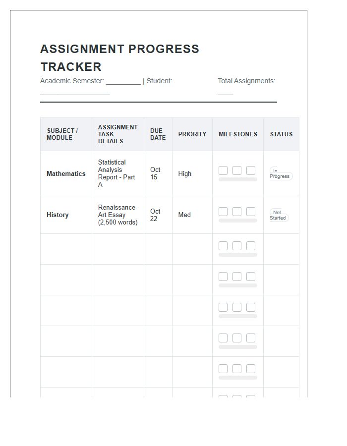 Detailed Assignment Progress Tracker Printable Chart