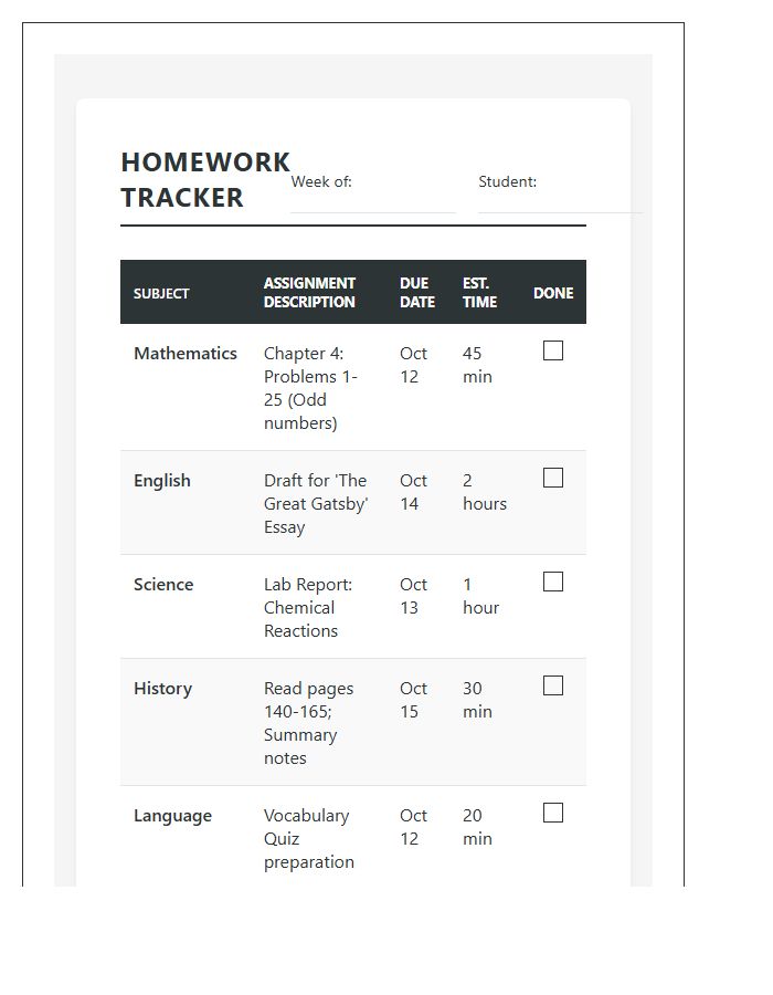 Effective Homework Management Printable Chart Calendar