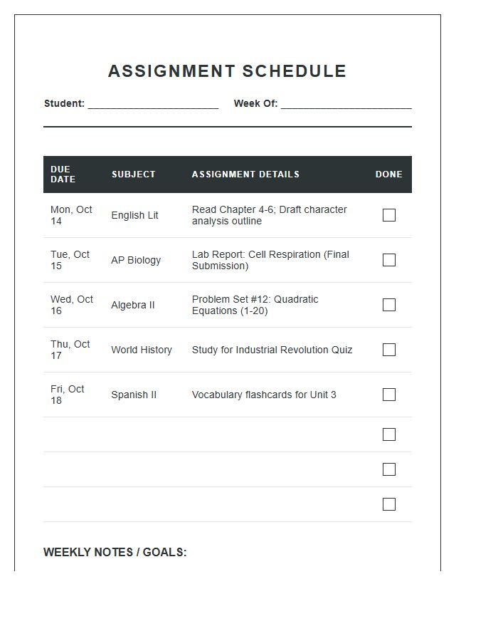 High School Assignment Schedule Printable Chart