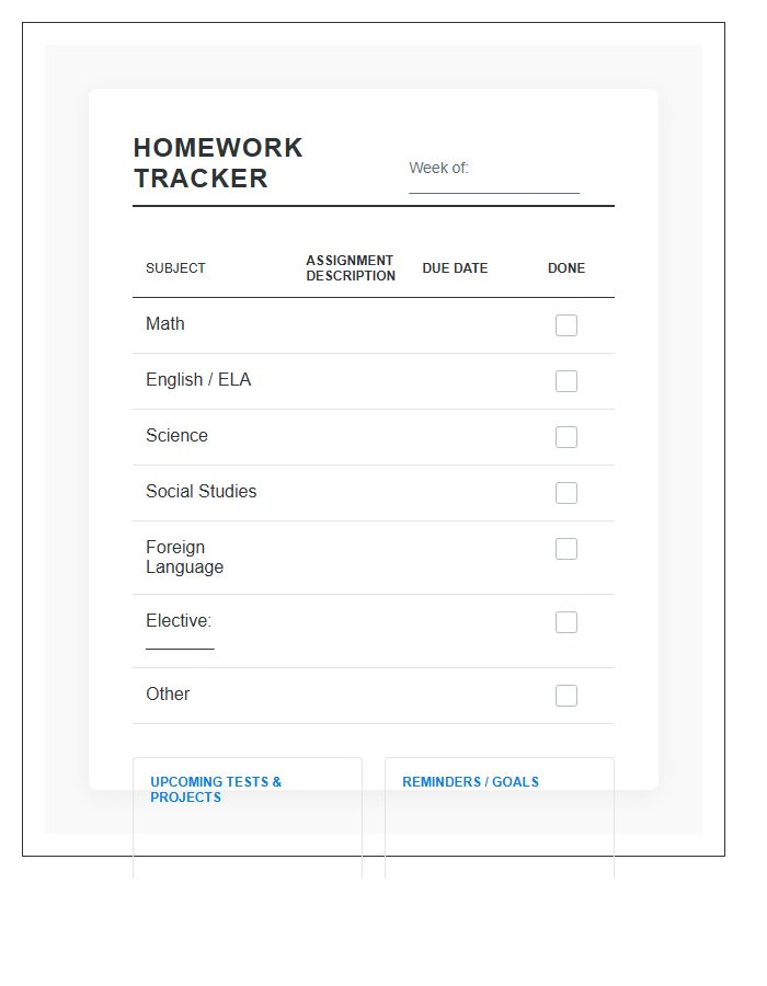 Middle School Homework Tracker Printable Chart
