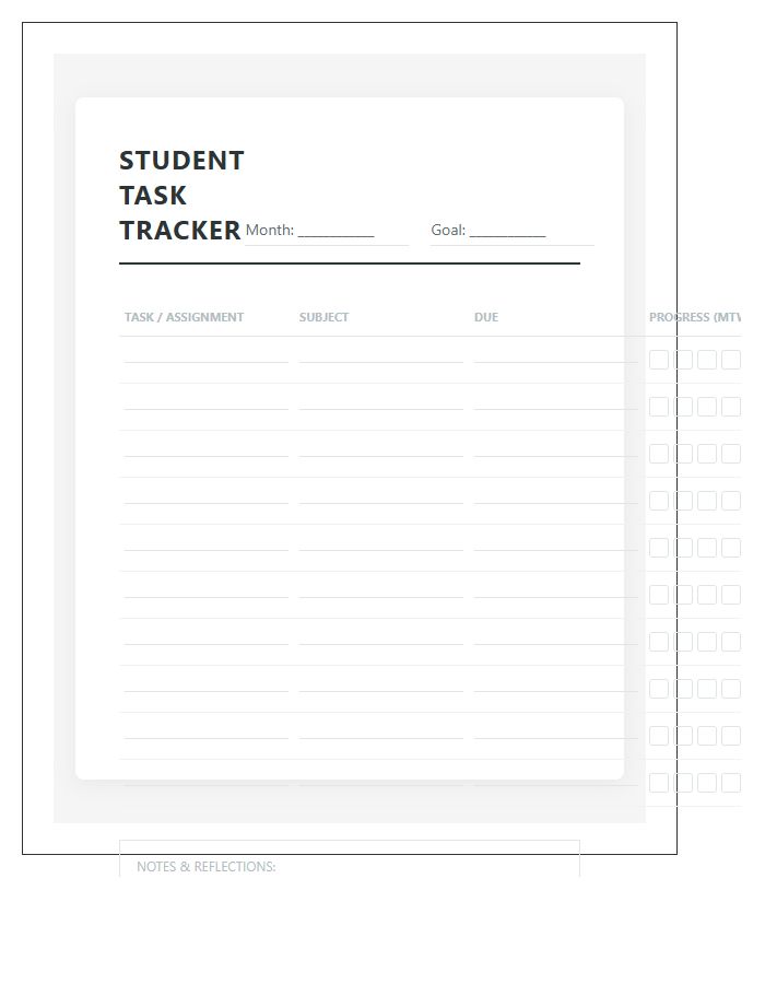 Monthly Student Task Tracker Printable Chart