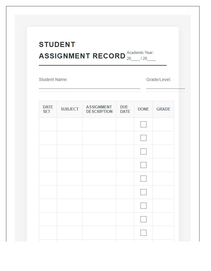 Organized Student Assignment Record Printable Chart