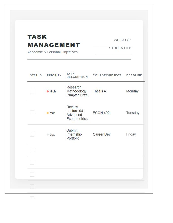 Professional Student Task List Printable Chart