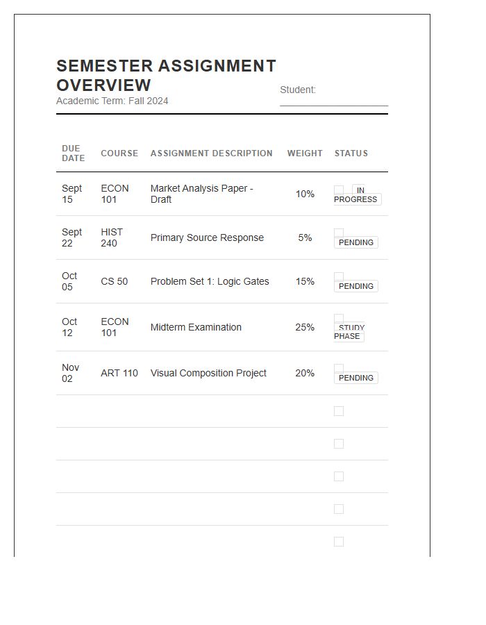 Semester Assignment Overview Printable Chart Calendar