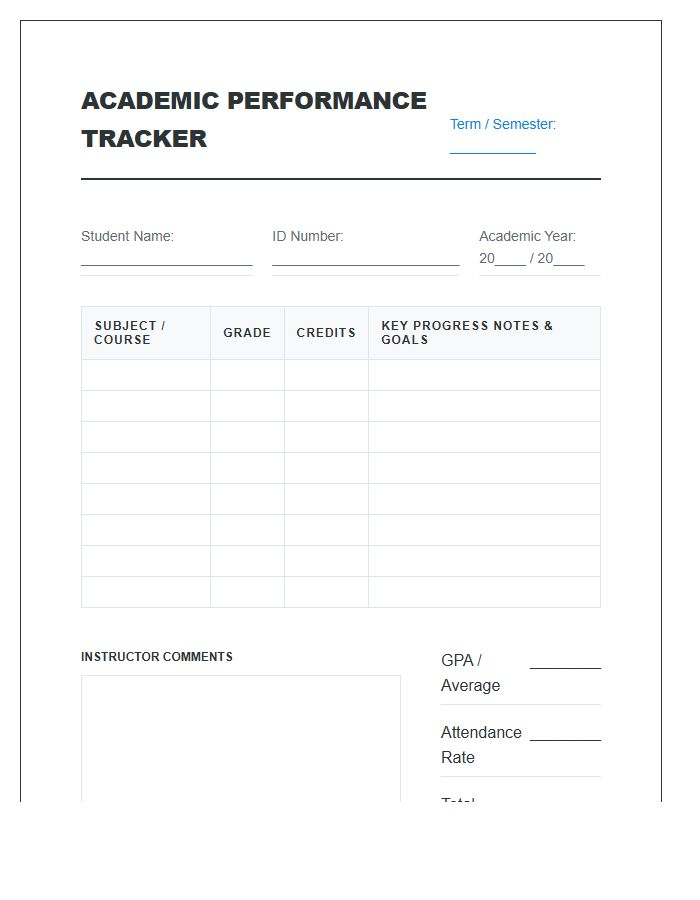 Student Academic Performance Tracker Printable Chart