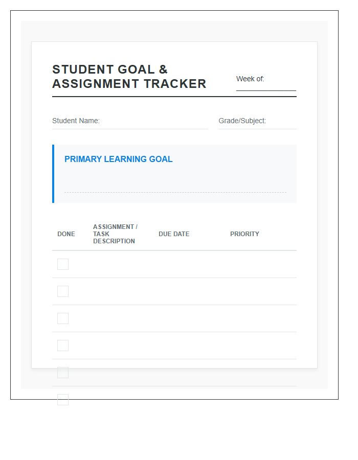 Student Goal And Assignment Printable Chart
