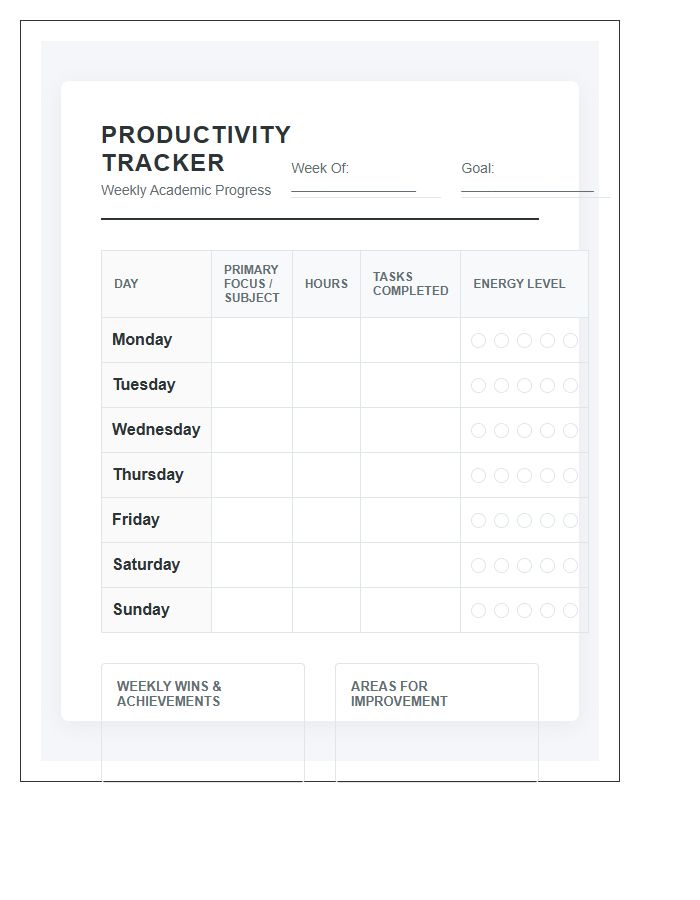 Student Productivity Tracker Printable Chart Calendar
