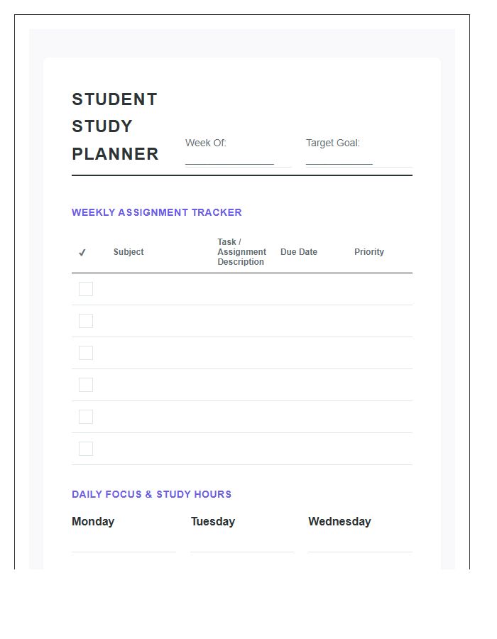 Student Study Planner And Assignment Printable Chart
