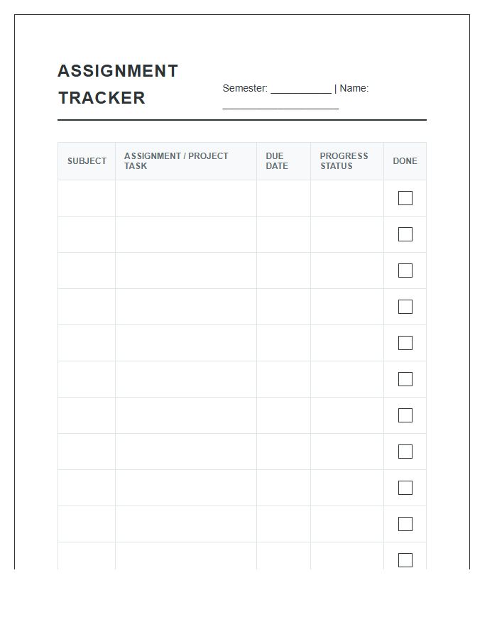 Subject Wise Assignment Tracker Printable Chart