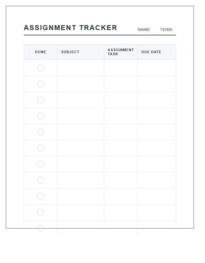 Visual Assignment Completion Tracker Printable Chart