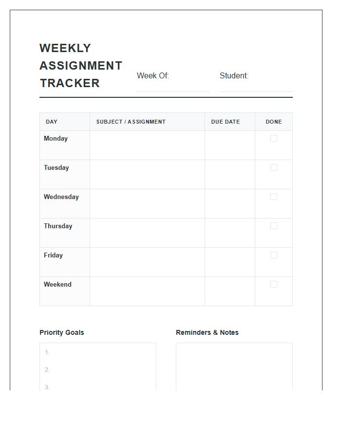 Weekly Student Assignment Tracker Printable Chart