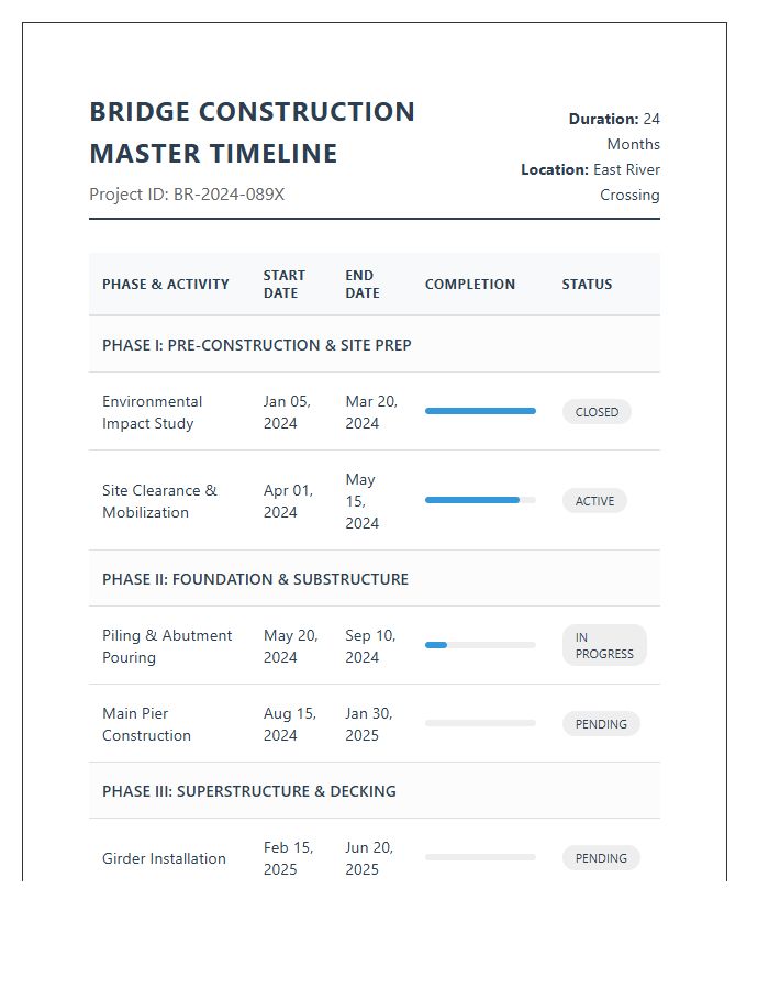 Bridge Construction Project Timeline Printable Chart