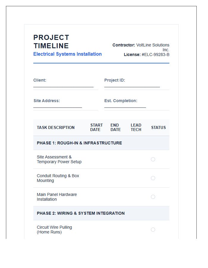 Electrical Contractor Project Timeline Printable Chart
