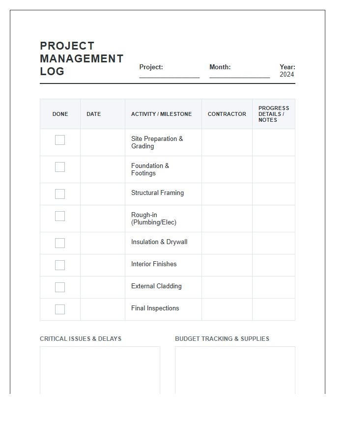 Monthly Building Project Management Printable Chart