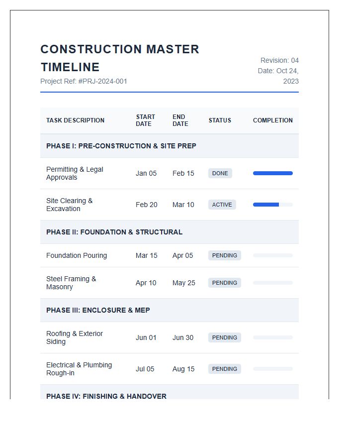 Multi Phase Construction Timeline Printable Chart
