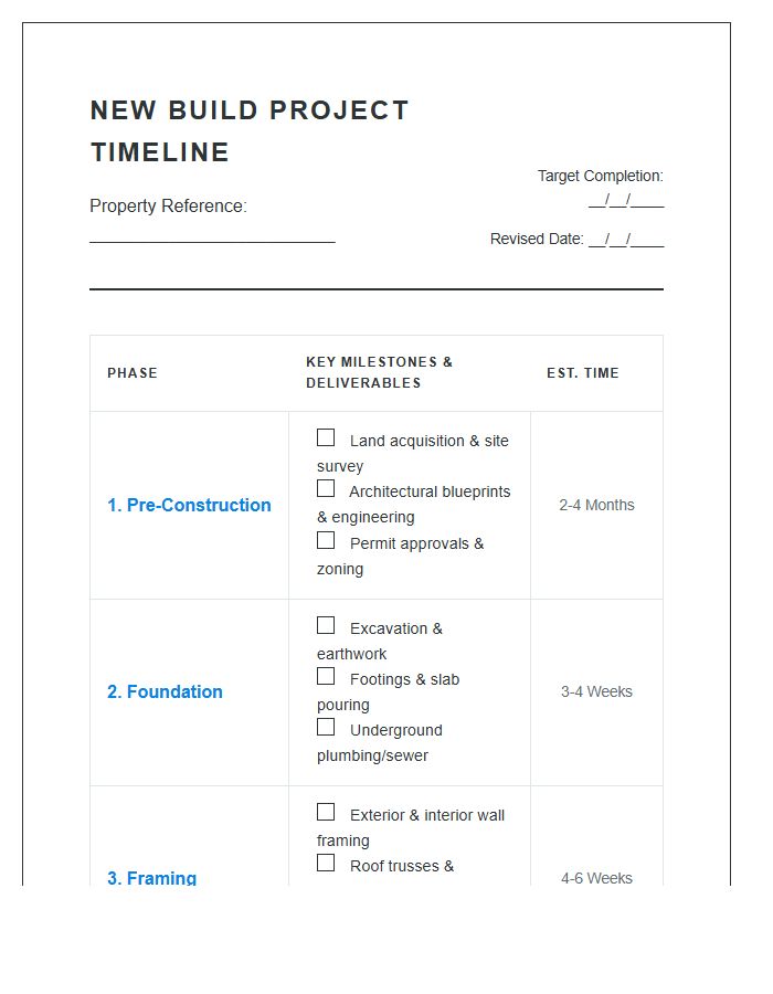 New Build Project Timeline Printable Chart
