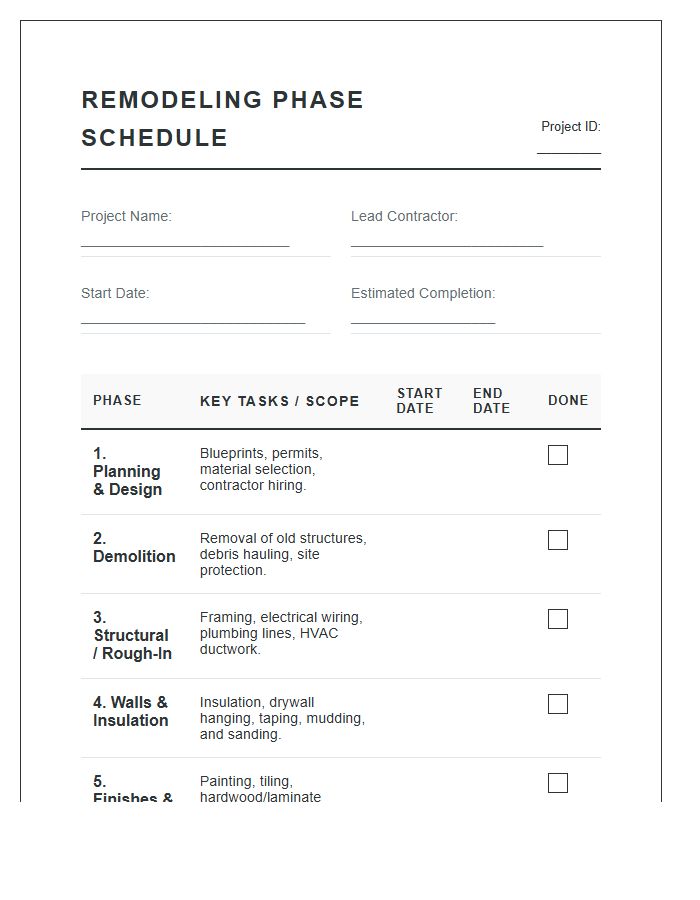 Remodeling Project Phase Schedule Printable Chart