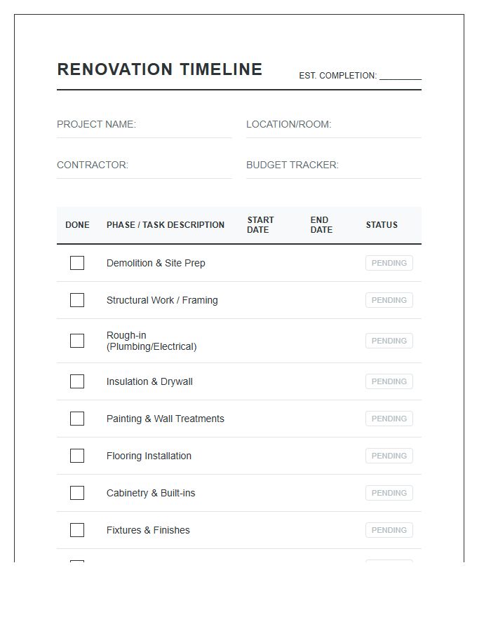Renovation Project Timeline Tracking Printable Chart