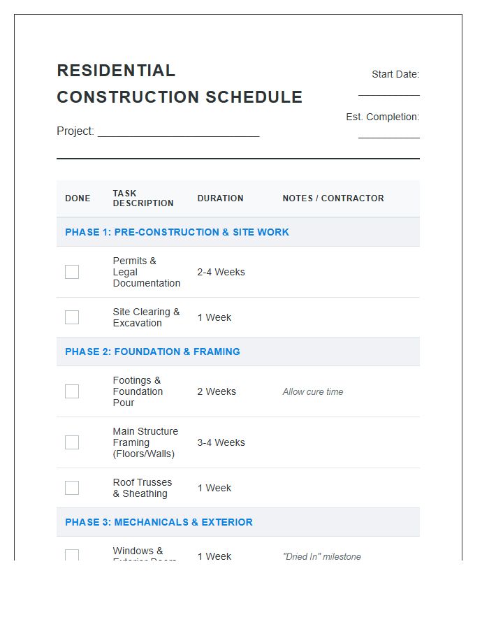Residential Home Building Schedule Printable Chart