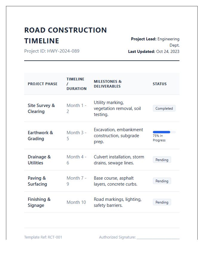 Road Construction Project Timeline Printable Chart