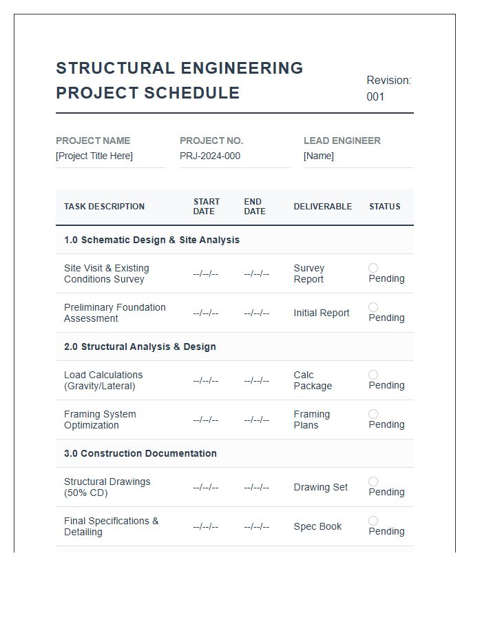 Structural Engineering Project Schedule Printable Chart