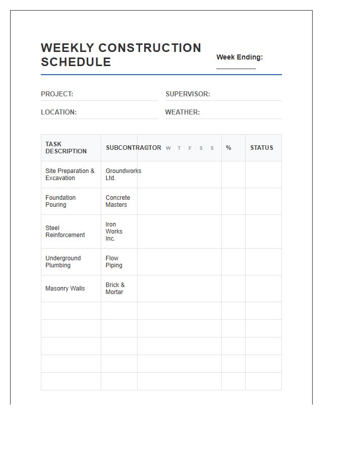 Weekly Construction Progress Schedule Printable Chart