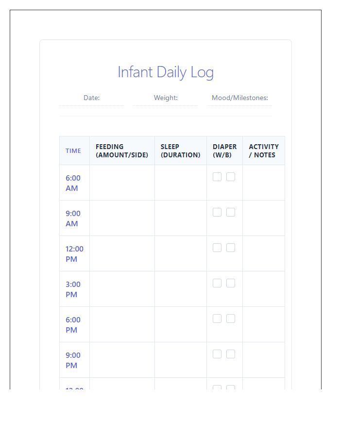 Comprehensive Infant Feeding Sleep Printable Chart