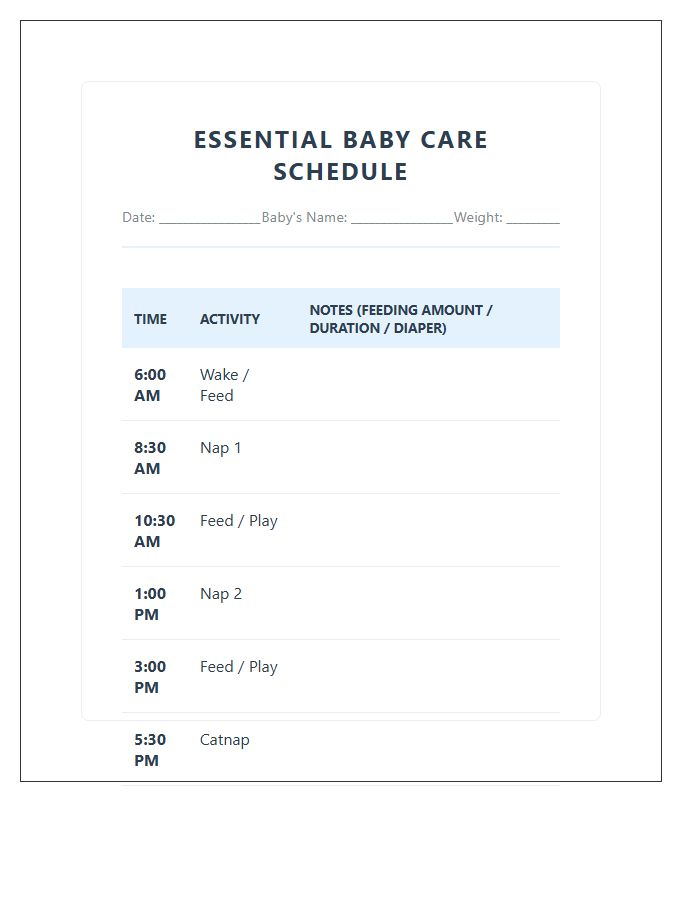 Essential Baby Care Schedule Printable Chart